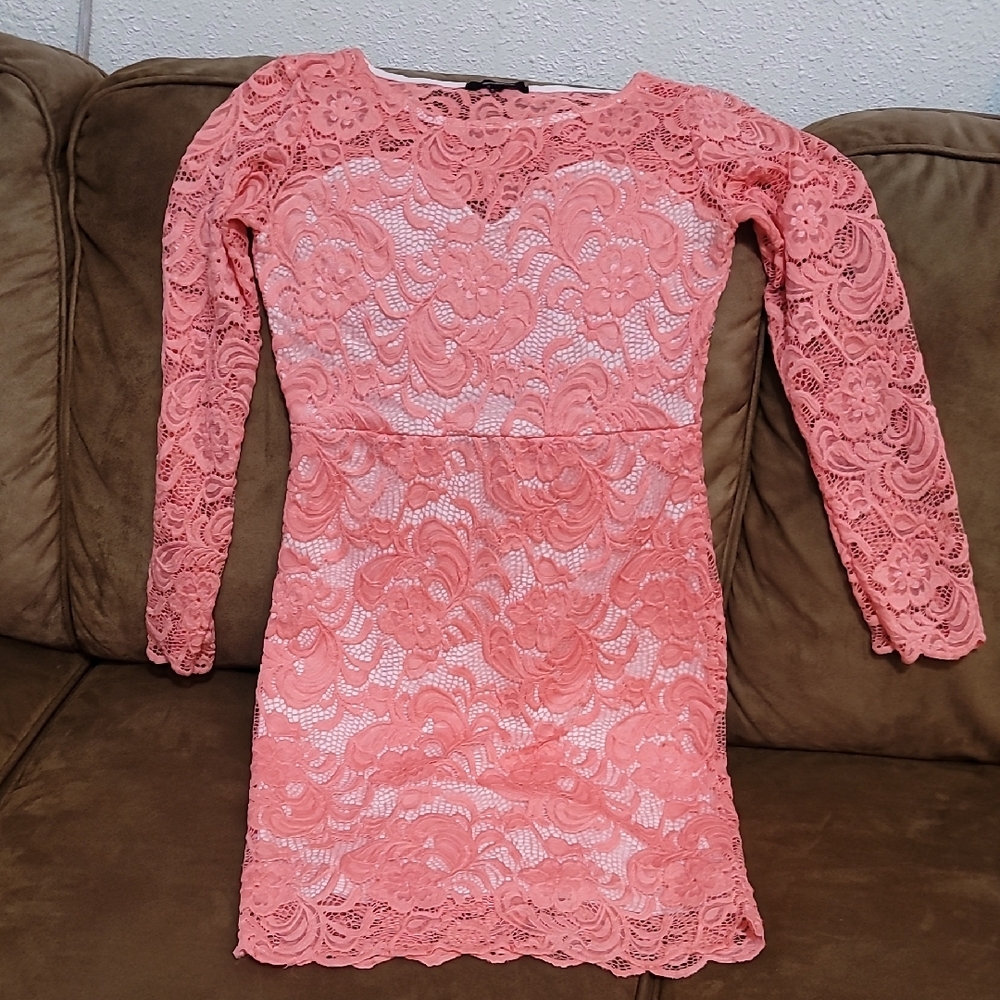 Lace Long-Sleeve Sheath Dress in Coral Pink • Medium